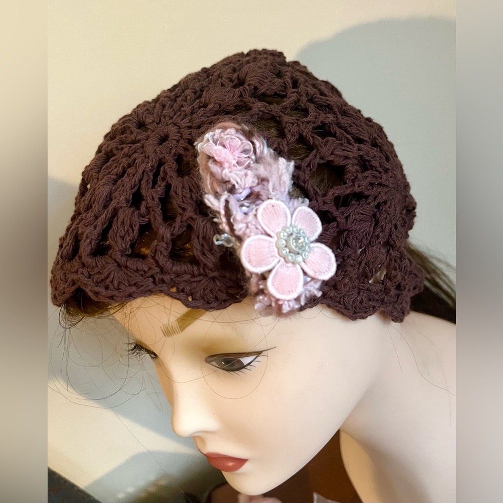 Brown Crochet Ponytail Hat with Pink Floral Clip